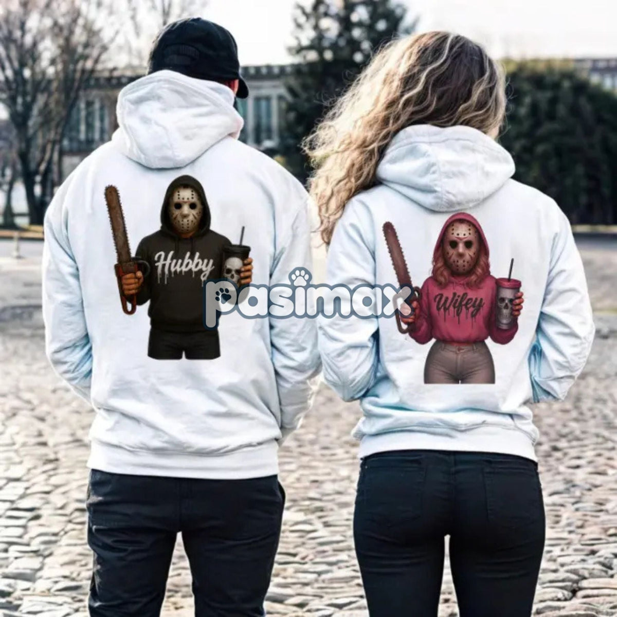 Wifey & Hubby Jason Hoodie – Halloween Couple Outfits, Spooky Wife Husband Pullover