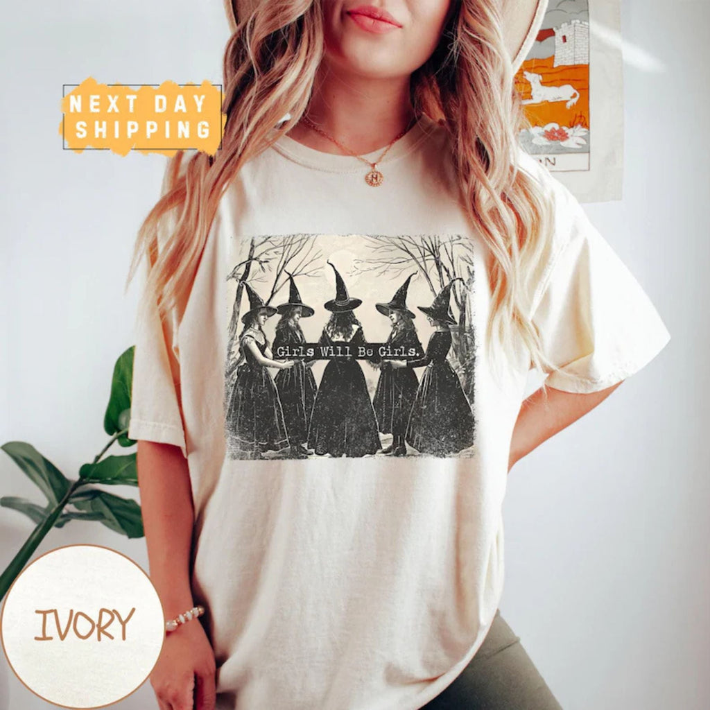 Cozy Retro 'Girls Will Be Girls' Witch Shirt – Comfort Colors® Nostalgic Halloween Tee, Funny Witchy Vibes Fall Staple
