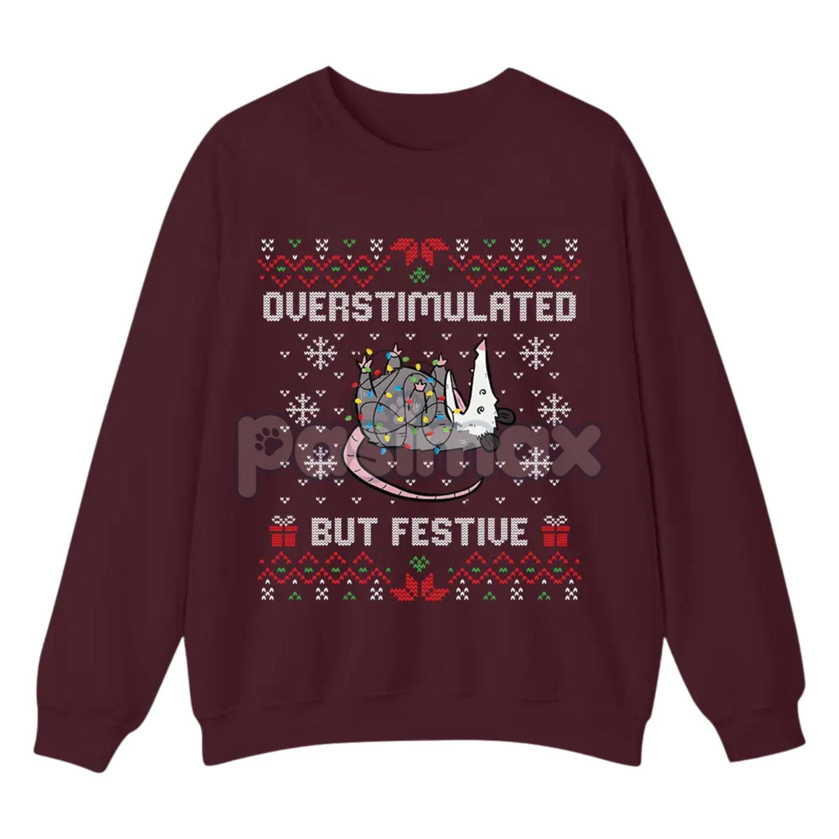Funny Opossum Christmas Sweatshirt – "Overstimulated But Festive" Ugly Holiday Top