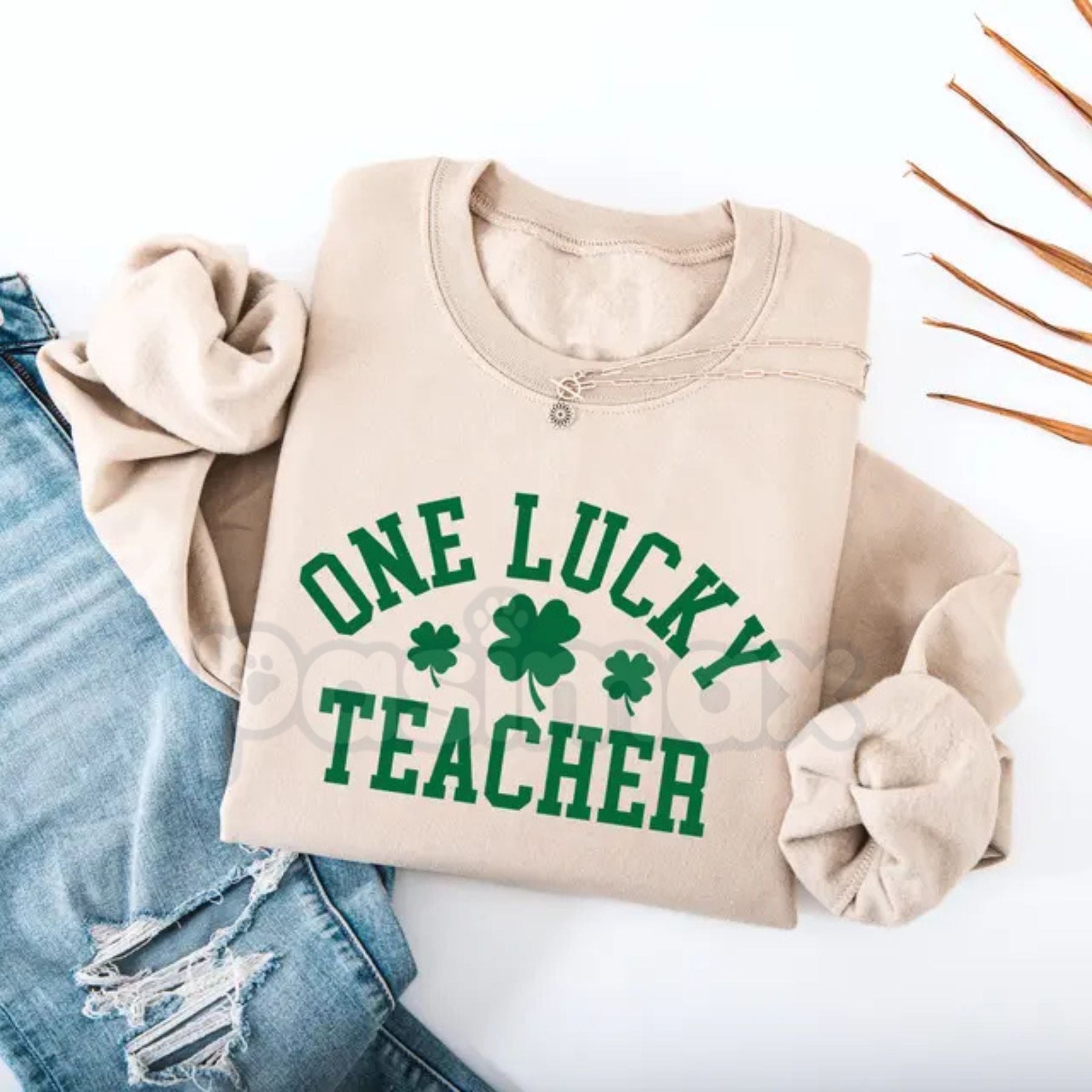 One Lucky Teacher Adult Sweatshirt | Green Varsity Lettering St Patrick's Day Crewneck | Shamrock Accent Teacher Pullover | Lucky Educator Holiday Outfit | Retro Varsity St Pattys Shirt | Soft Cozy Teacher Gift Jumper
