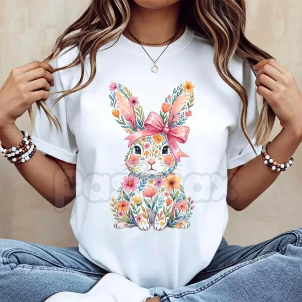 Easter Bunny with Pink Bow & Colorful Swirls T-Shirt - Vibrant Spring Floral Graphic Tee, Premium 100% Cotton Easter Holiday Top, Aesthetic Bunny Lover Gift, Colorful Artistic Swirls Shirt, Soft Lived-In Heavyweight Seasonal Apparel