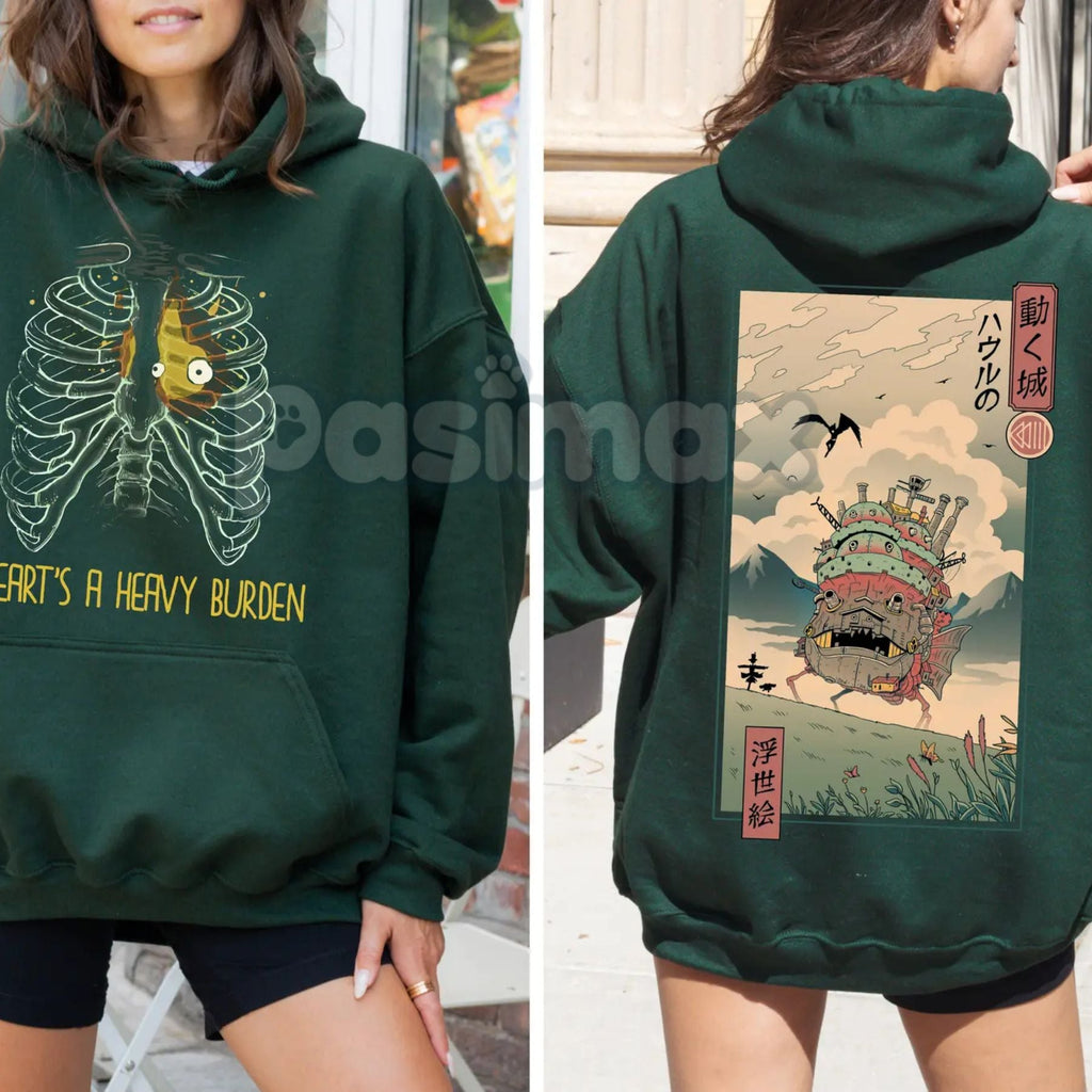 Anime "A Heart's A Heavy Burden" 2-Sided Hoodie – Studio Ghibli Inspired Quote Pullover, Fantasy & Film Fan Apparel, Unisex
