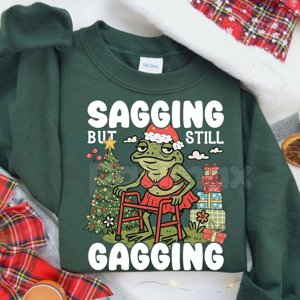 "Sagging But Still Gagging" Funny Christmas Meme Frog Sweatshirt – Sarcastic Holiday Crewneck
