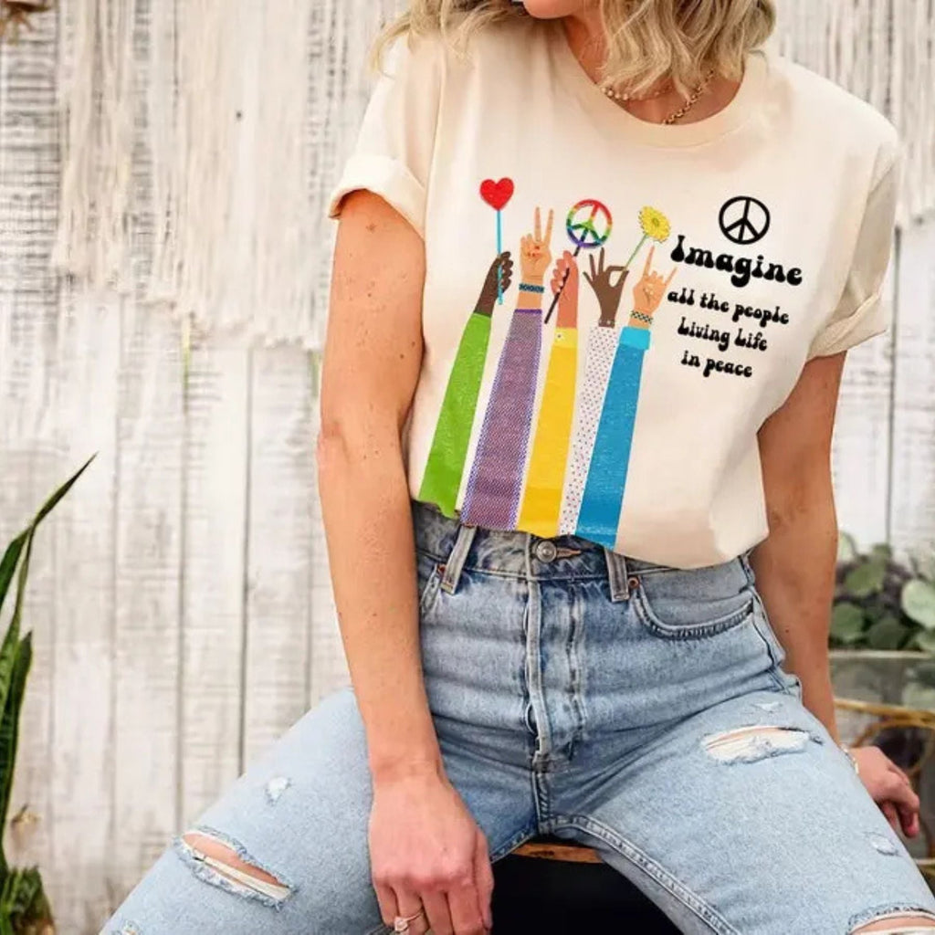 'Imagine All The People Living Life In Peace' Shirt – John Lennon Music, Beatles Song Lyrics Shirt, Vintage Hippie Life Tee