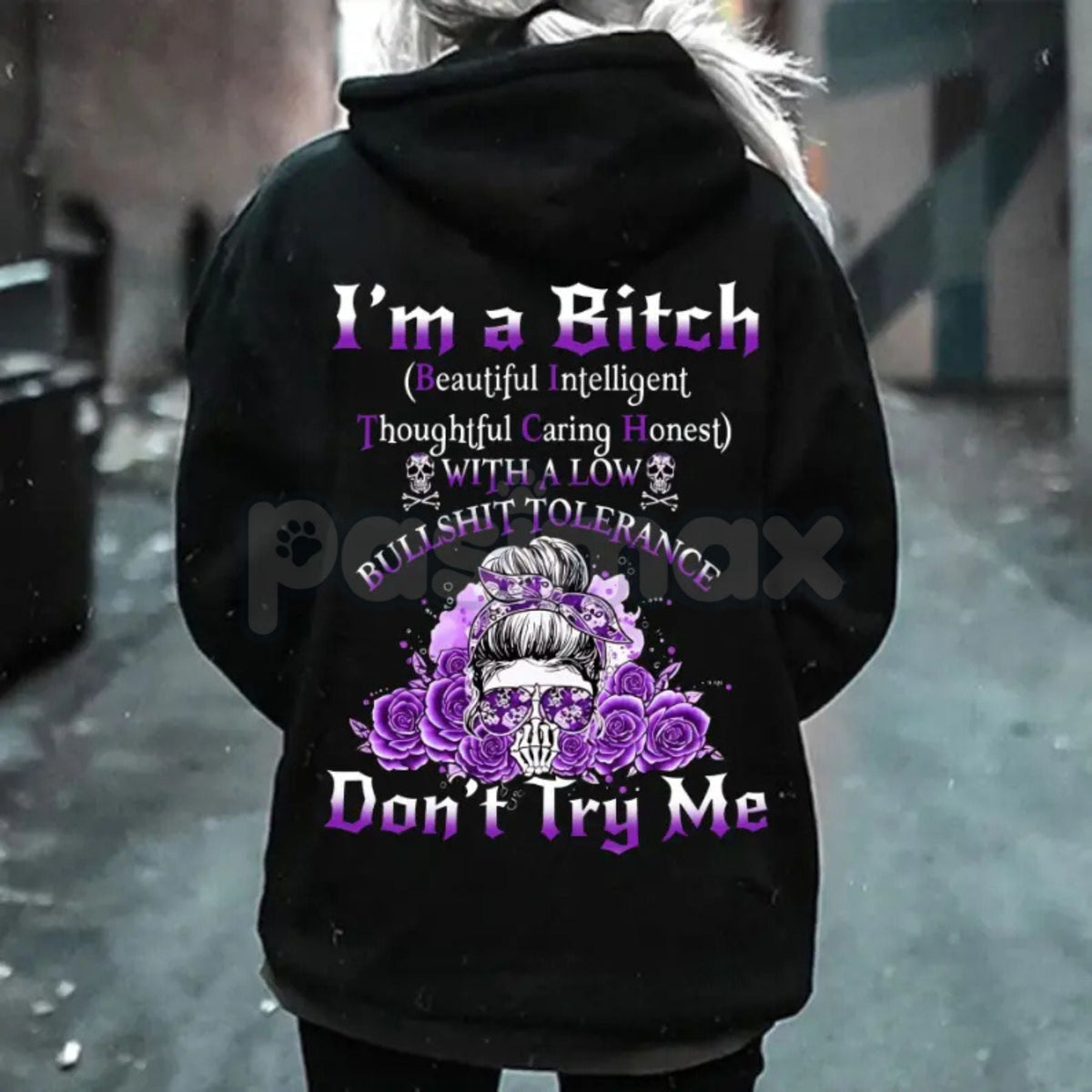 "Yes I’m a B Flower Skull" All Over Print Hoodie – "Don't Try Me I'm The B*tch" Gen X Statement Pullover, Unisex Edgy Streetwear