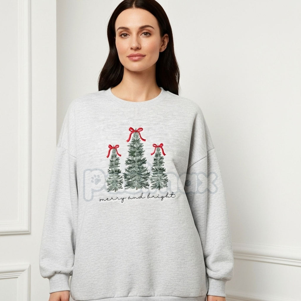 Merry & Bright Christmas Tree Embroidered Sweatshirt – Festive Holiday Crewneck