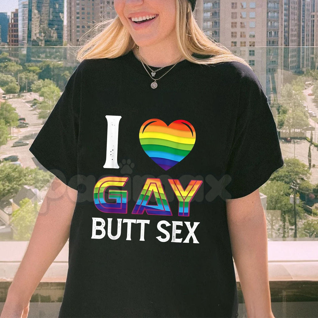 "I Love Gay Butt Sex" Rainbow Heart T-Shirt - Explicit Adult Homosexual Pride Tee, Funny Gay Slogan Apparel, Provocative LGBTQ+ Humor Shirt