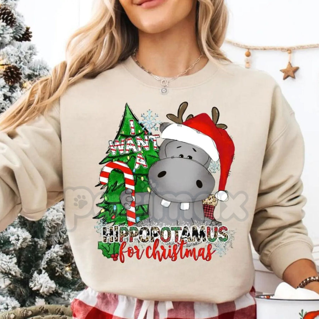 I Want a Hippopotamus for Christmas Sweatshirt | Cute Nostalgic Holiday Song Jumper | Funny Hippo Xmas Crewneck Gift