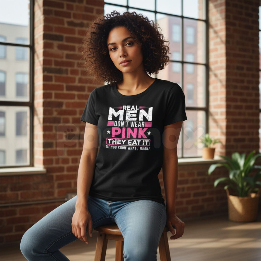 "Real Men Don't Wear Pink" Funny Cat T-Shirt - Absurdist Ironic Meme Graphic Tee, Surreal Humor Streetwear, Nonsensical Slogan Weirdcore Shirt