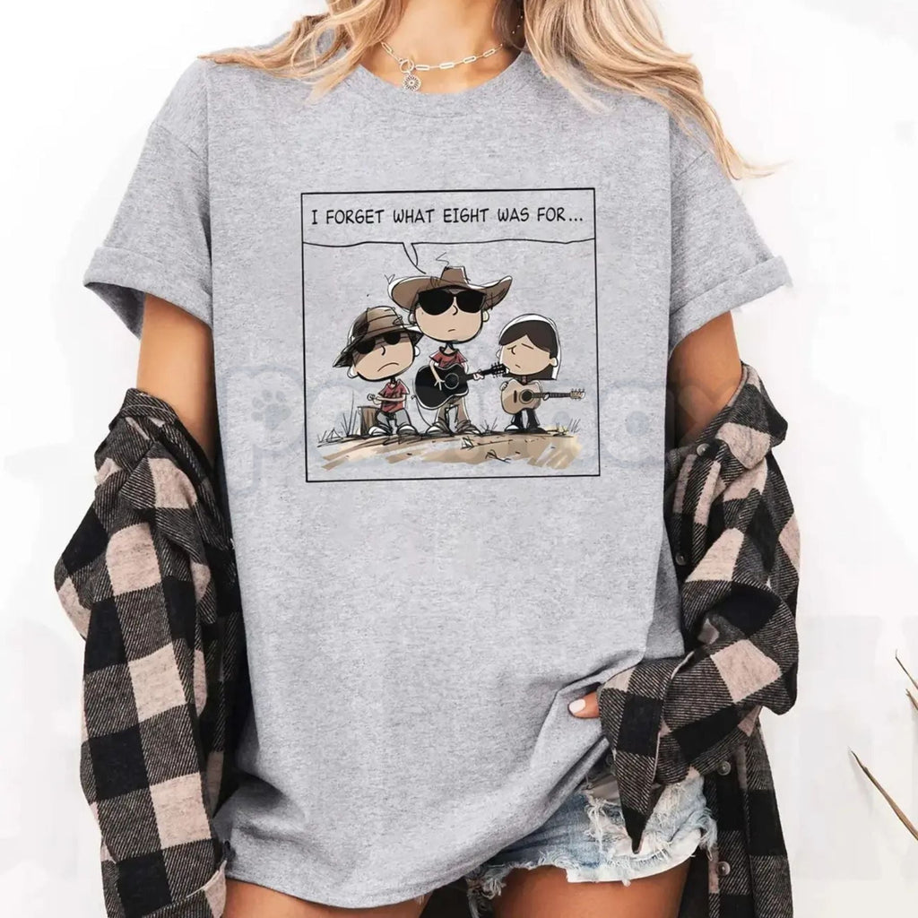 "I FORGET WHAT EIGHT WAS FOR" Funny Cartoon Cowboy Band T-Shirt - Absurdist Quote Meme Tee, Western Humor Statement Shirt, Niche Comedy Apparel