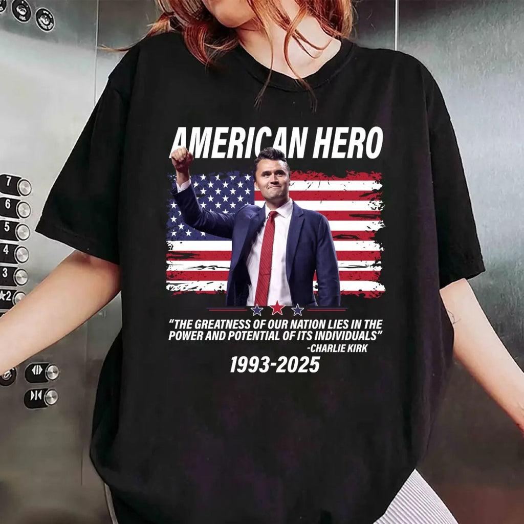 Charlie Kirk "American Hero" T-Shirt - Patriotic Statement Tee, Conservative Political Apparel