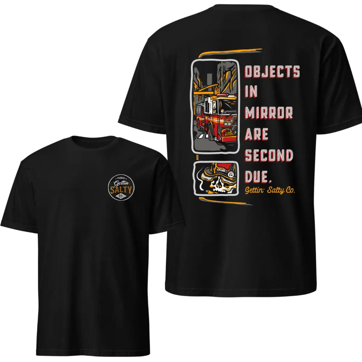 "Objects in Mirror" Firefighter T-Shirt - Vintage Fire Truck Graphic Tee, Firefighting Gift for Men & Women