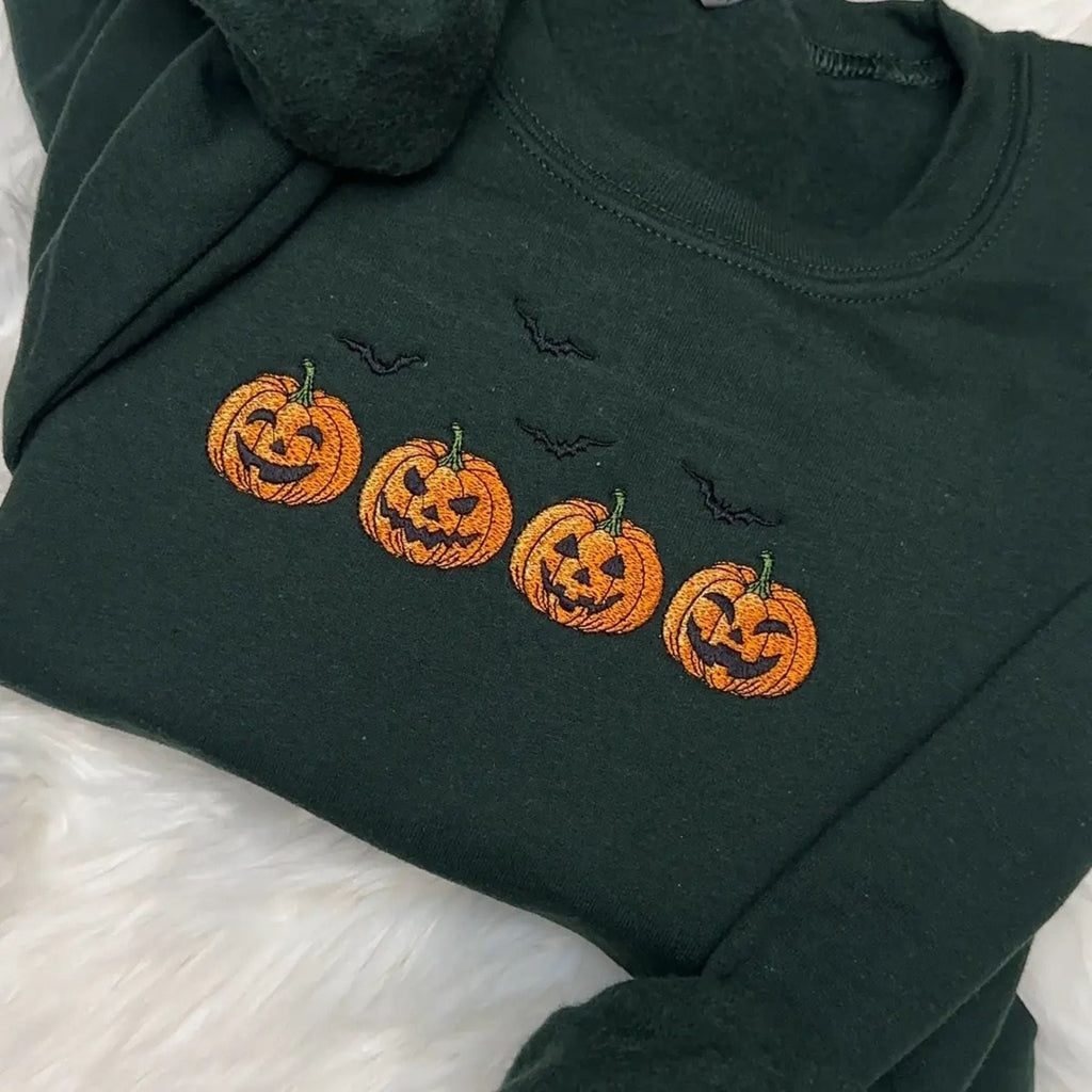 Embroidered Halloween Pumpkins & Bats Sweatshirt – Spooky Season Crewneck
