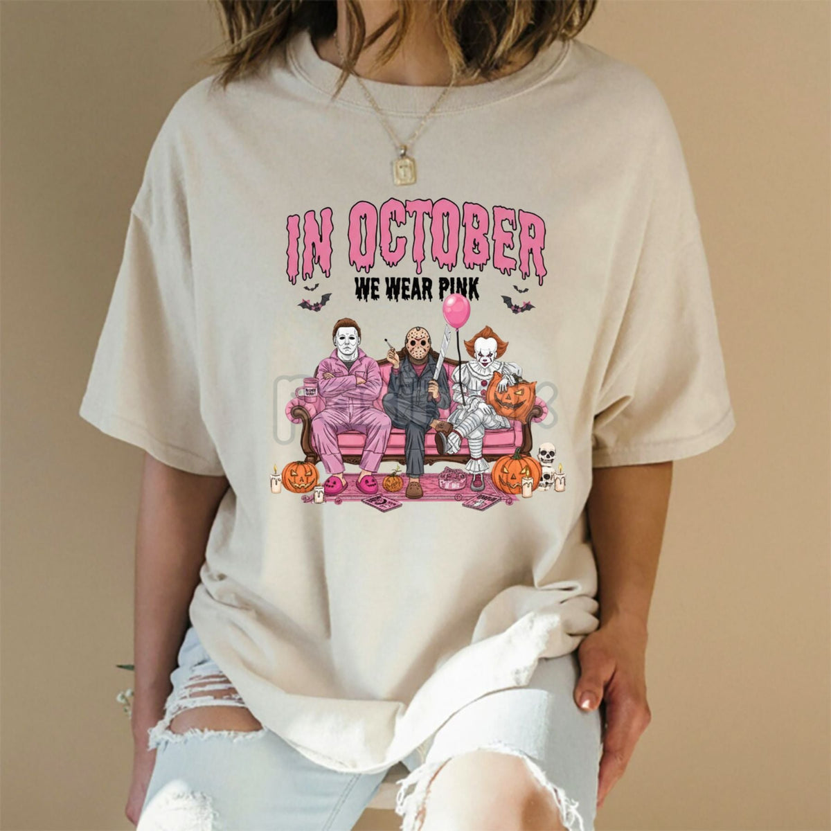 Women's "In October We Wear Pink" Halloween Graphic T-Shirt - Breast Cancer Awareness & Spooky Design Tee, Hot Topic Style Party Top