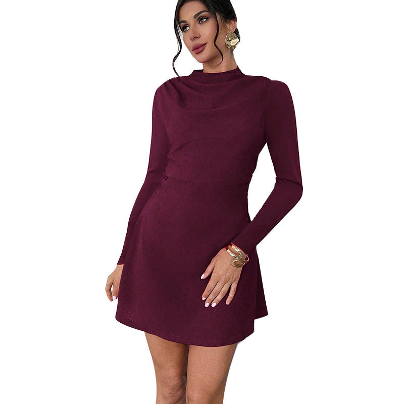 Fashionable Slim-fit Long-sleeve Mock-neck Stretch A-line Skirt