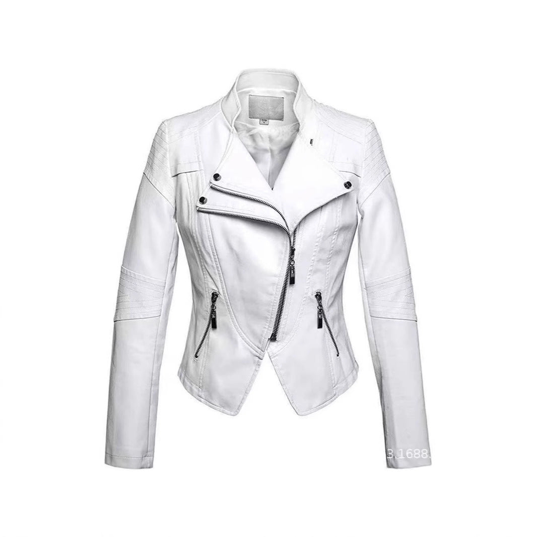 New Women's Leather Top Coat European And American Fashion Motorcycle Slim Fit Short Leather Jacket Jacket Zipper One Generation