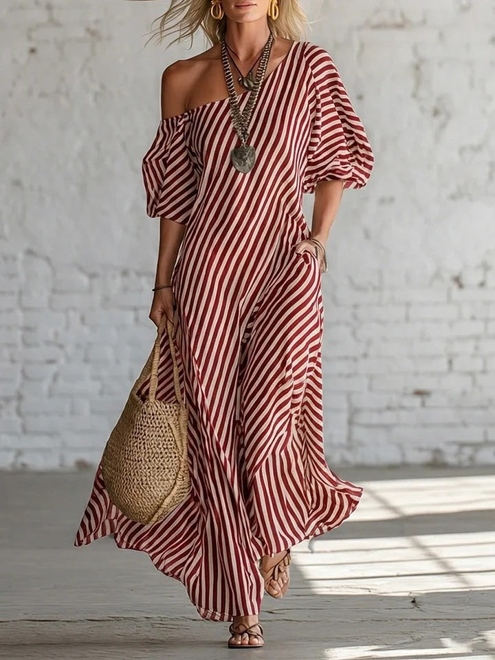 Womens Striped Off-shoulder Dress