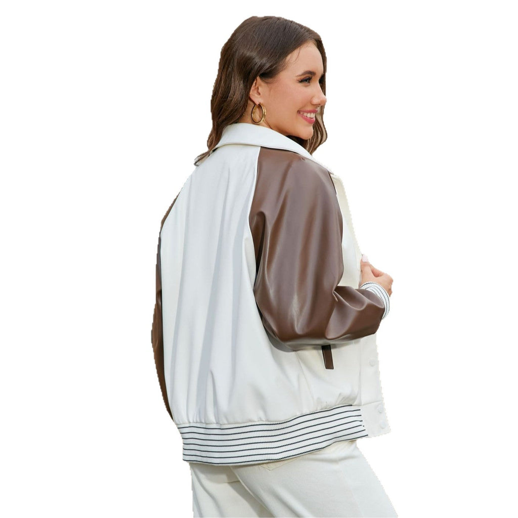 Color-blocked Spliced PU Leather Women's Motorcycle Jacket Baseball Coat