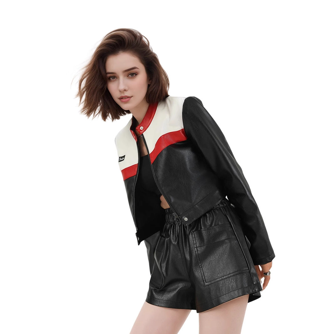 New Color Contrast Patchwork Motorcycle Clothing Pilot Jacket Short Version Coat