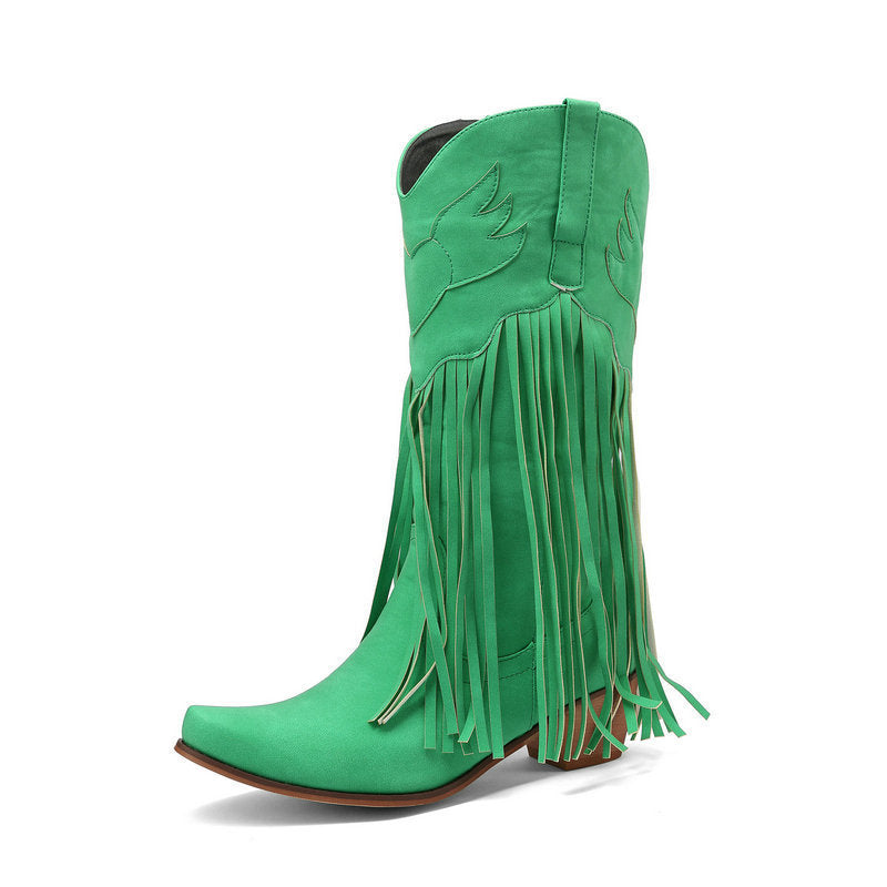 Womens Retro Mid-Calf Chunky Heel Round-Toe Boots