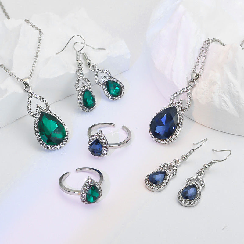 Light Luxury Zircon Necklace Earrings Open Ring Jewelry Suit