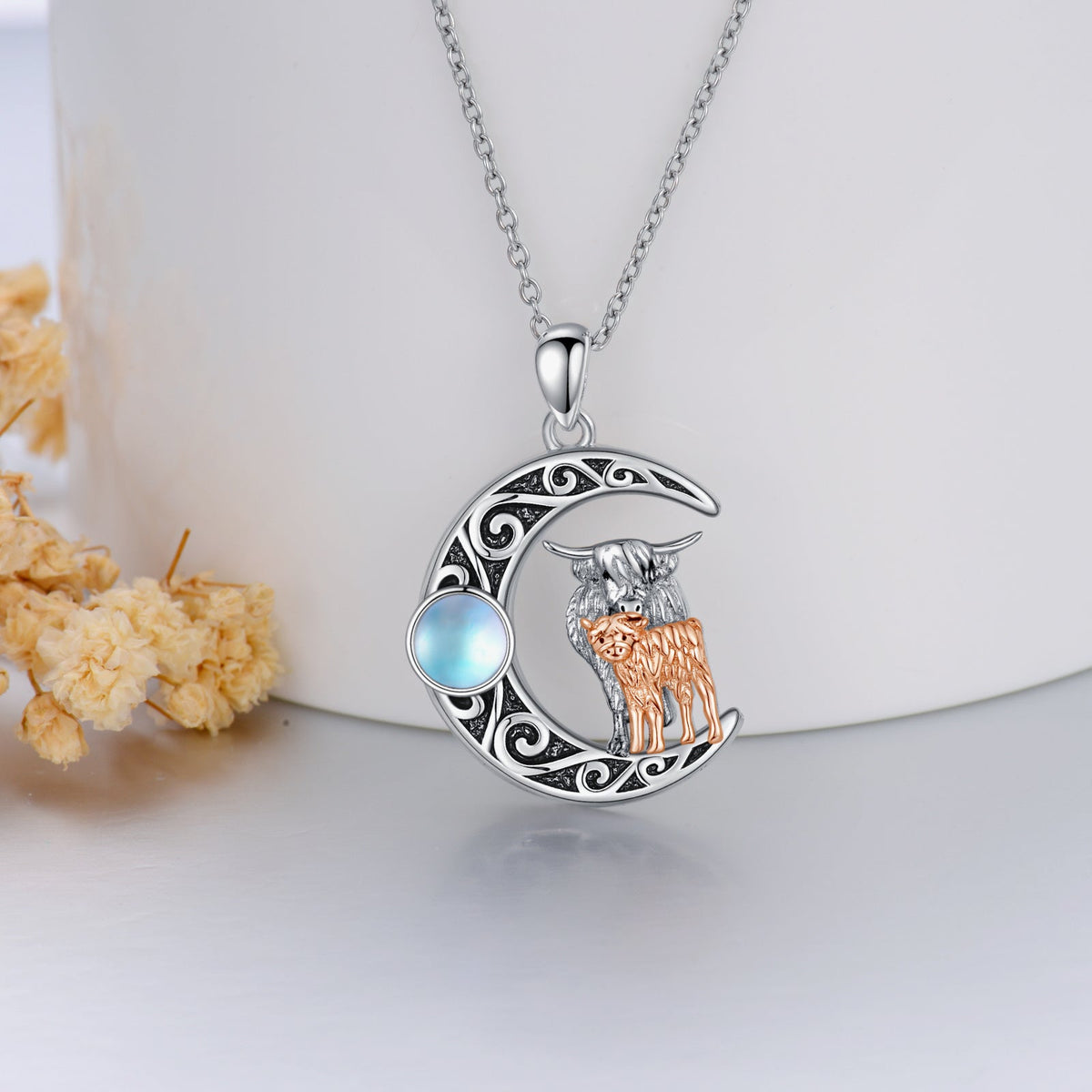 Mother Kids Highland Cow Moon 925 Sterling Silver Necklace With Moonstone