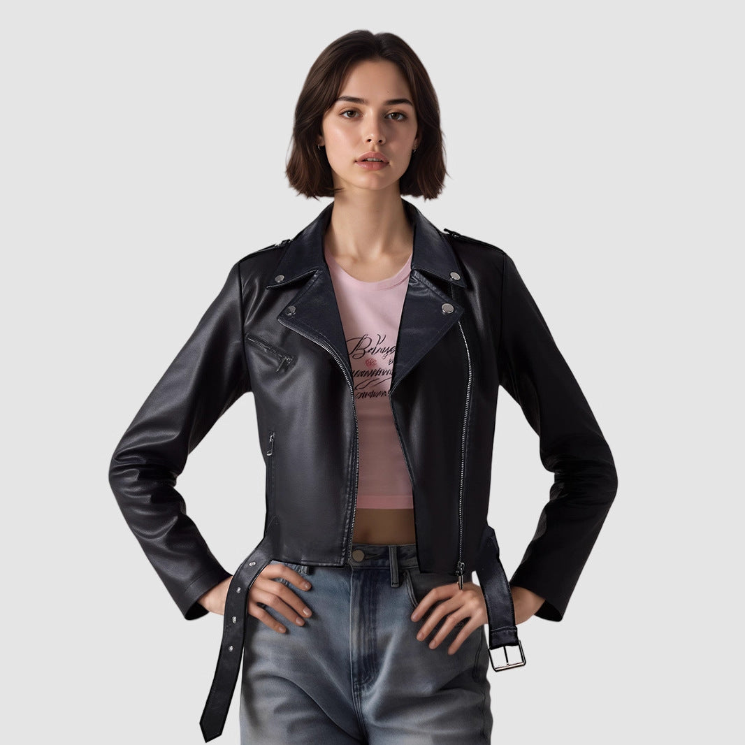 Lapel Short Belt Women's PU Simple Leather Jacket Motorcycle Jacket