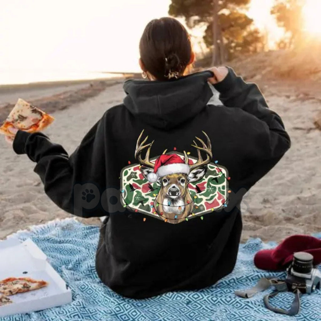 Christmas Deer Hunting Camo Hoodie – Festive Hunter Orange Pullover, Camouflage Holiday Apparel, Unisex