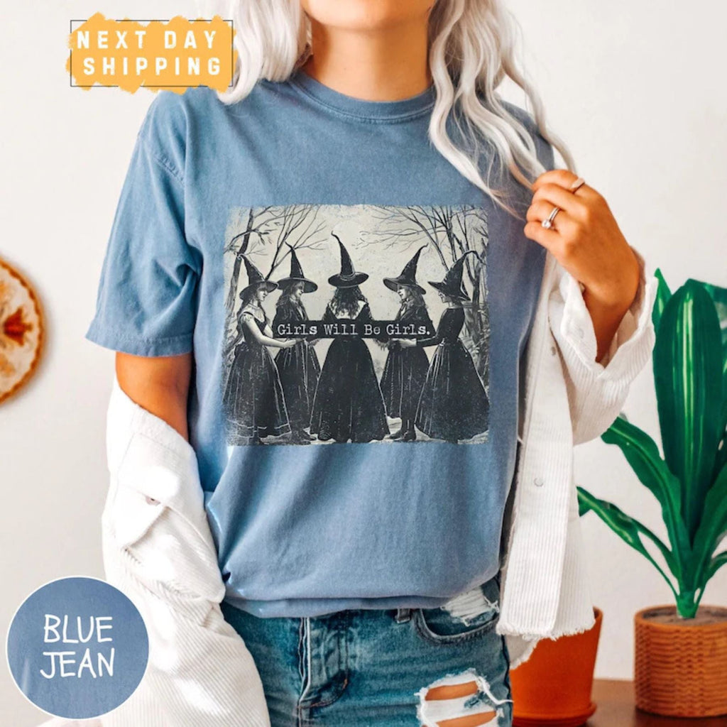 Cozy Retro 'Girls Will Be Girls' Witch Shirt – Comfort Colors® Nostalgic Halloween Tee, Funny Witchy Vibes Fall Staple