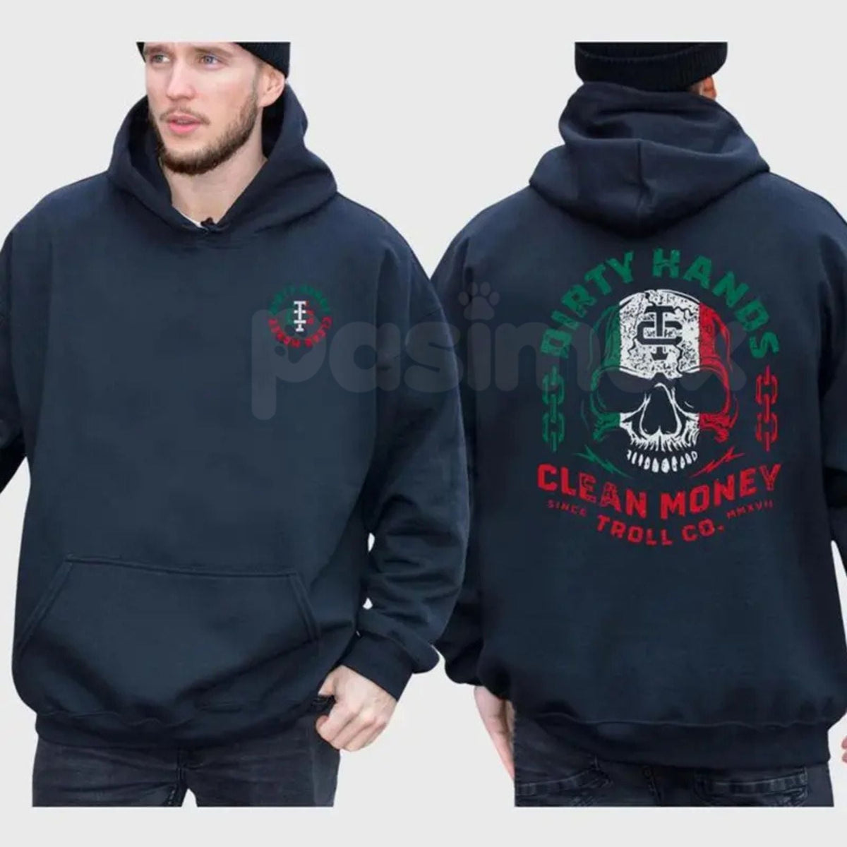 Dirty Hands Clean Money Mexican Flag Skull 2-Sided Hoodie – Hard Work Ethic & Heritage Pullover, Unisex Chicano Streetwear
