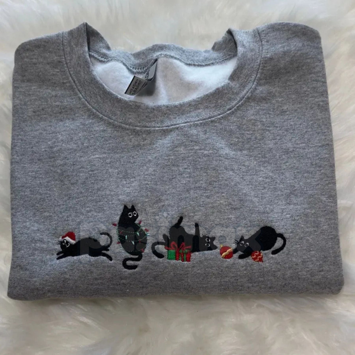 Black Christmas Cats Embroidered Sweatshirt – Cozy Holiday Cat Mom Crewneck