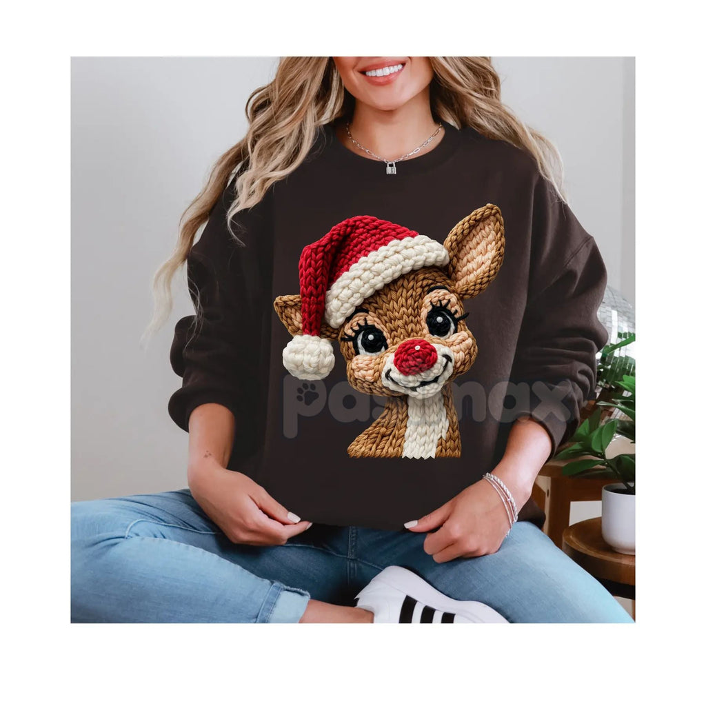 Classic Red Nose Reindeer & Santa Hat Holiday Sweatshirt – Whimsical Christmas Crewneck