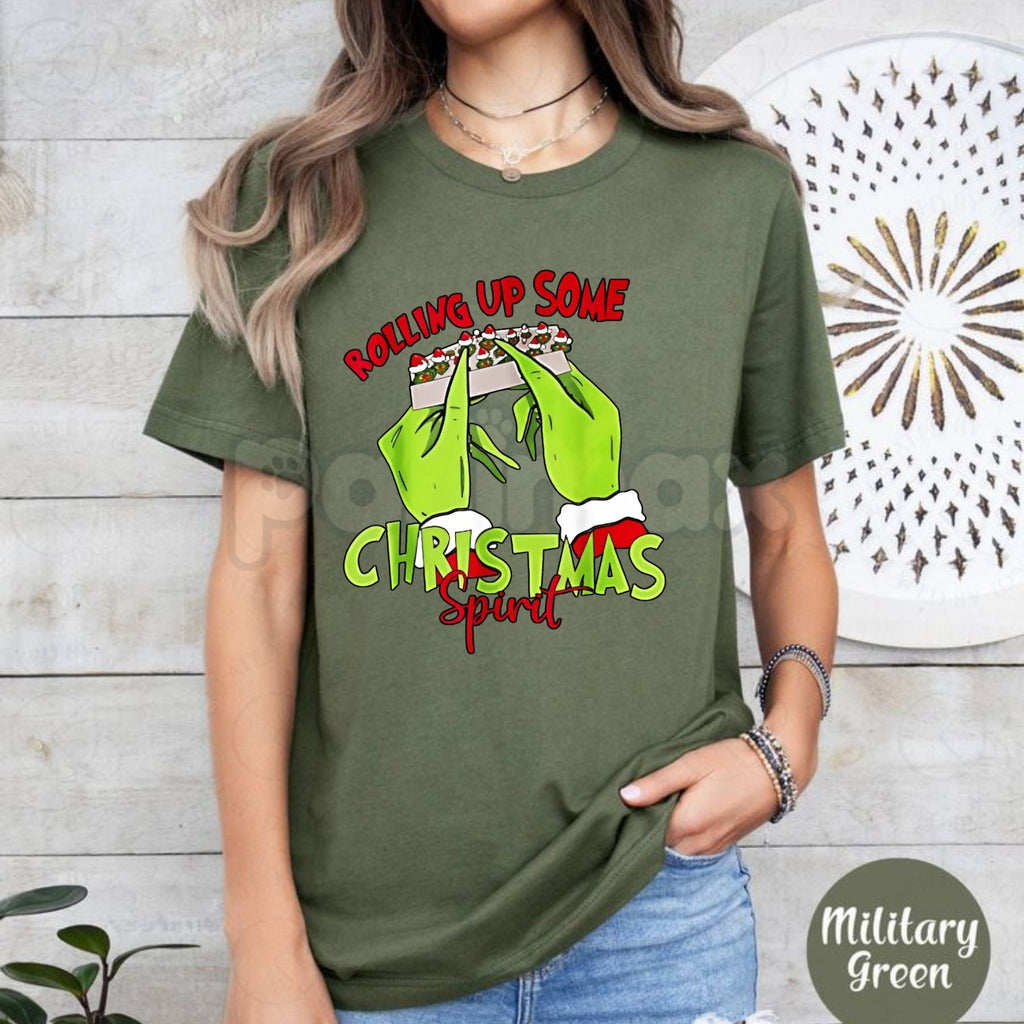 Christmas Spirit Grinch Hands Rolling Joint T-Shirt - Funny 420 Holiday Party Wear, Adult Grinch Christmas Gift, Edgy Festive Apparel