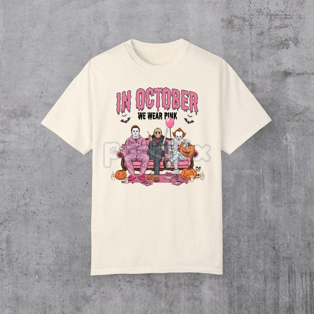 Women's "In October We Wear Pink" Halloween Graphic T-Shirt - Breast Cancer Awareness & Spooky Design Tee, Hot Topic Style Party Top