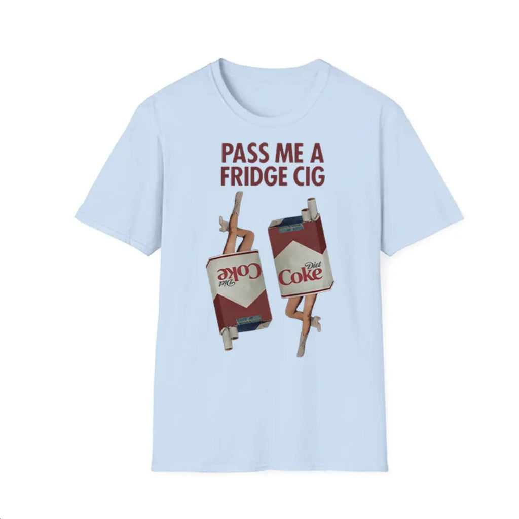 "Pass Me a Fridge Cig" Funny Graphic T-Shirt - Playful Retro Parody Tee, Unique Humor Apparel