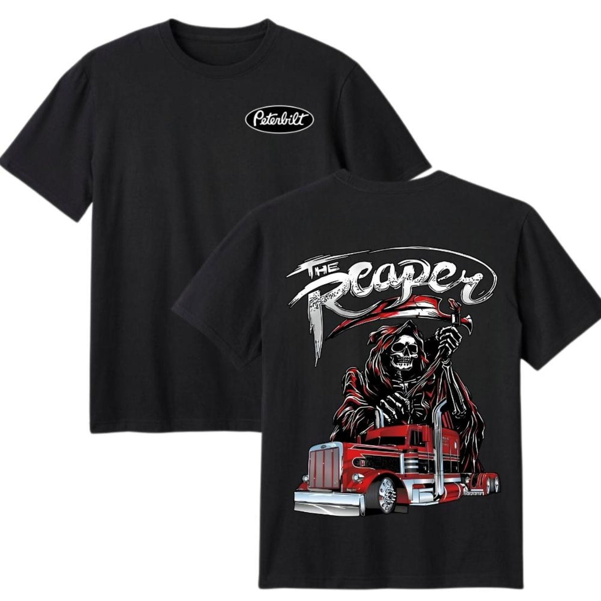 The Reaper Peterbilt Truck T-Shirt - Two-Sided Red Skull Graphic, Patriotic USA Trucker Tee