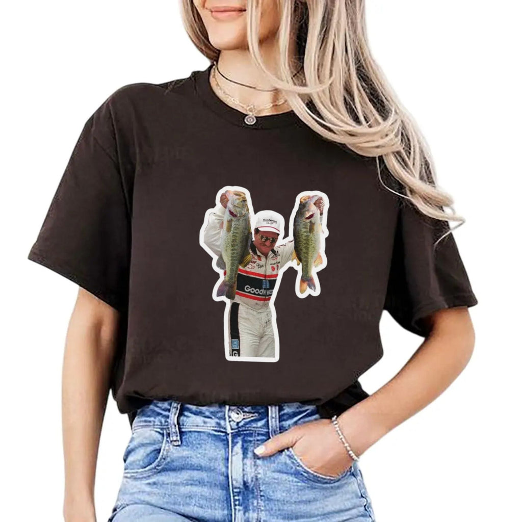 Dale Earnhardt Fishing Graphic Tee - Bass Angler & NASCAR Legend Shirt, Vintage Racing Apparel