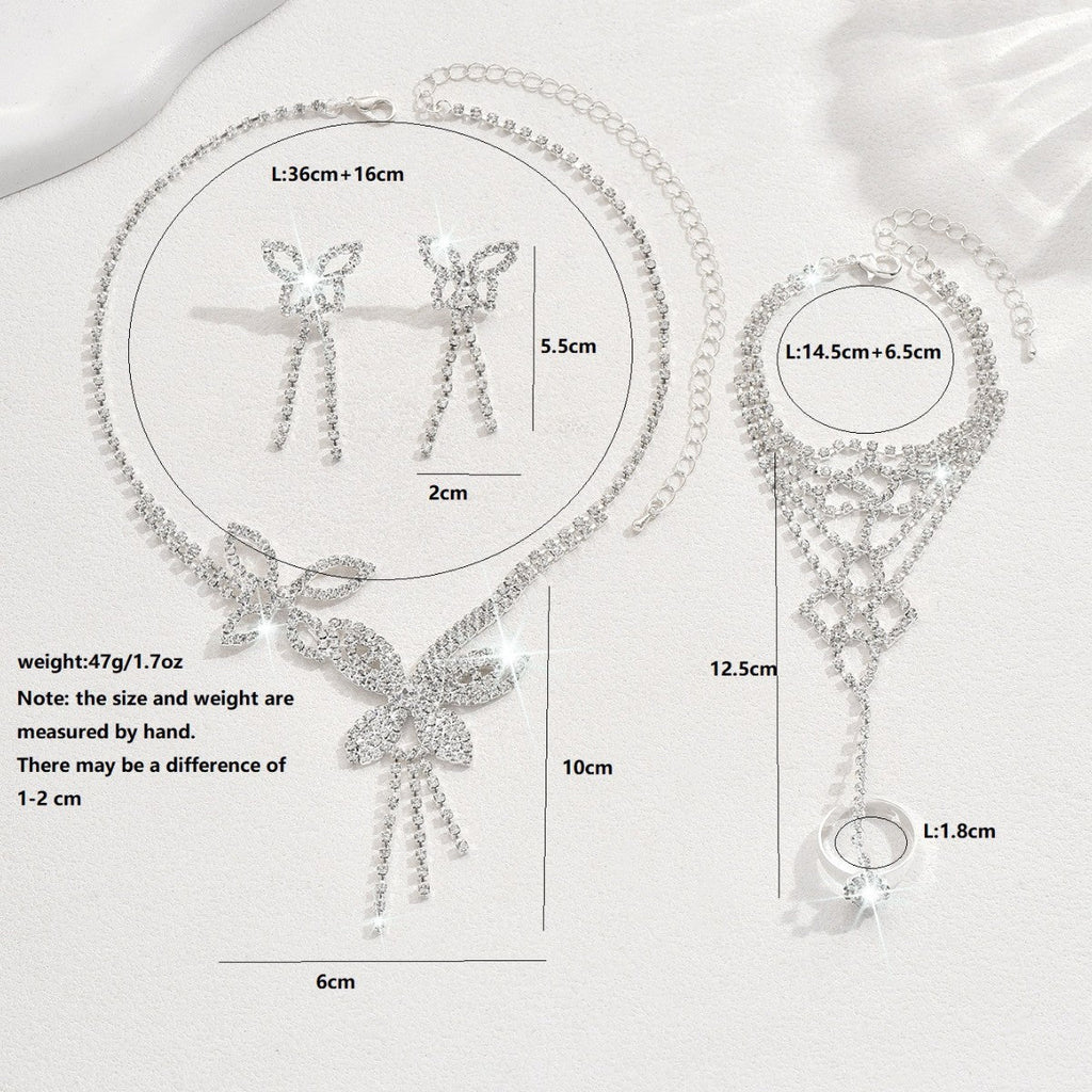 Butterfly Tassel Rhinestone Necklace Earring Bracelet 3 Pieces Suit