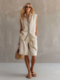 Women's Linen Shirt and Shorts Set – Sleeveless Summer Two-Piece