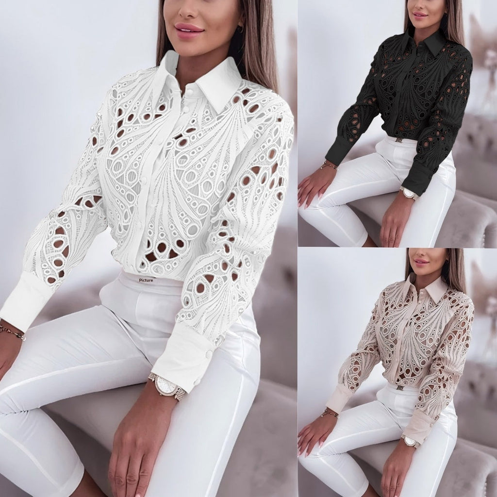 Versatile Commuter Lace Hollow-out Long Sleeve Shirt For Women