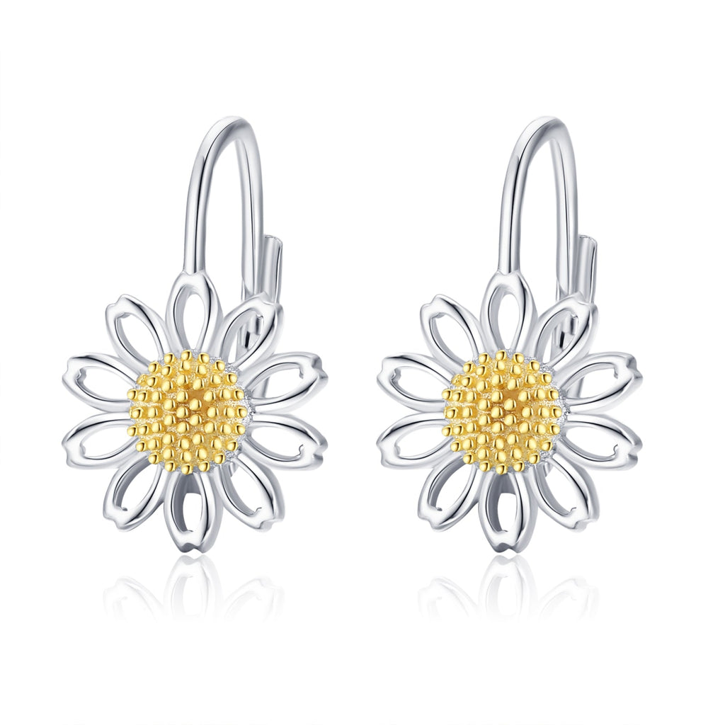 Daisy Leverback Hoop Earrings in White Gold Plated Sterling Silver