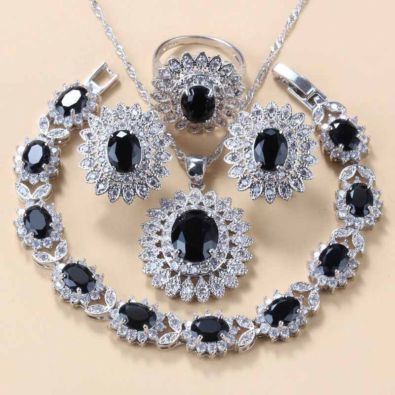 Garnet Cubic Zirconia Earrings Pendant Necklace Bracelet Ring Gift 4 PCs Set