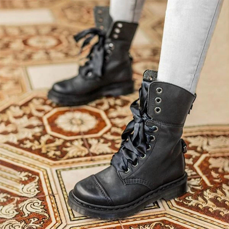 British-style Lace-up Round-toe Flat Ankle Boots For Women