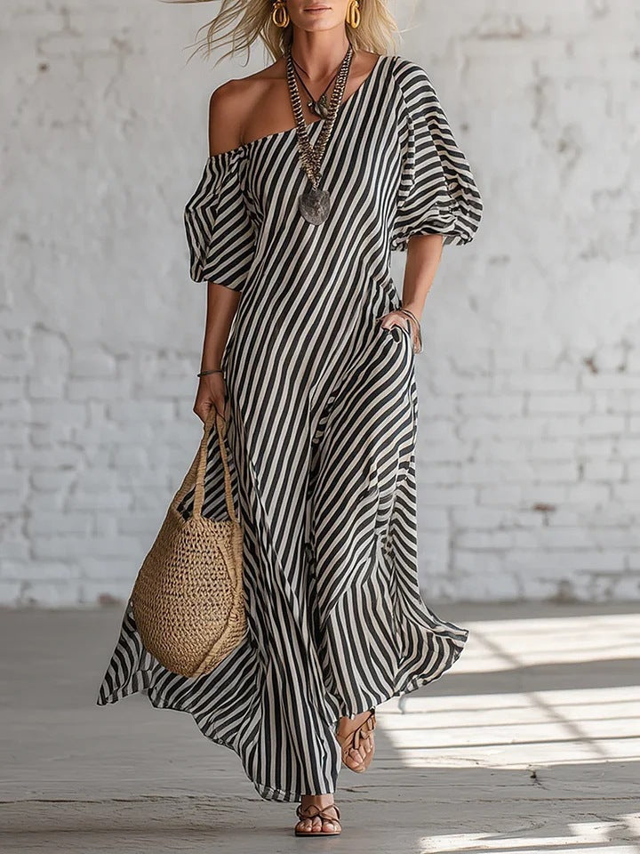 Womens Striped Off-shoulder Dress