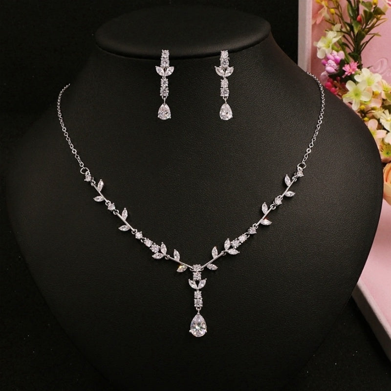Simple Bridal Zircon Wedding Handmade Ornament Necklace And Earrings Suite