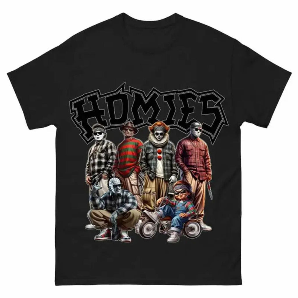 "Homies Horror" Movie Villains T-Shirt - Funny Chicano Lowrider Style Tee, Urban Halloween Streetwear