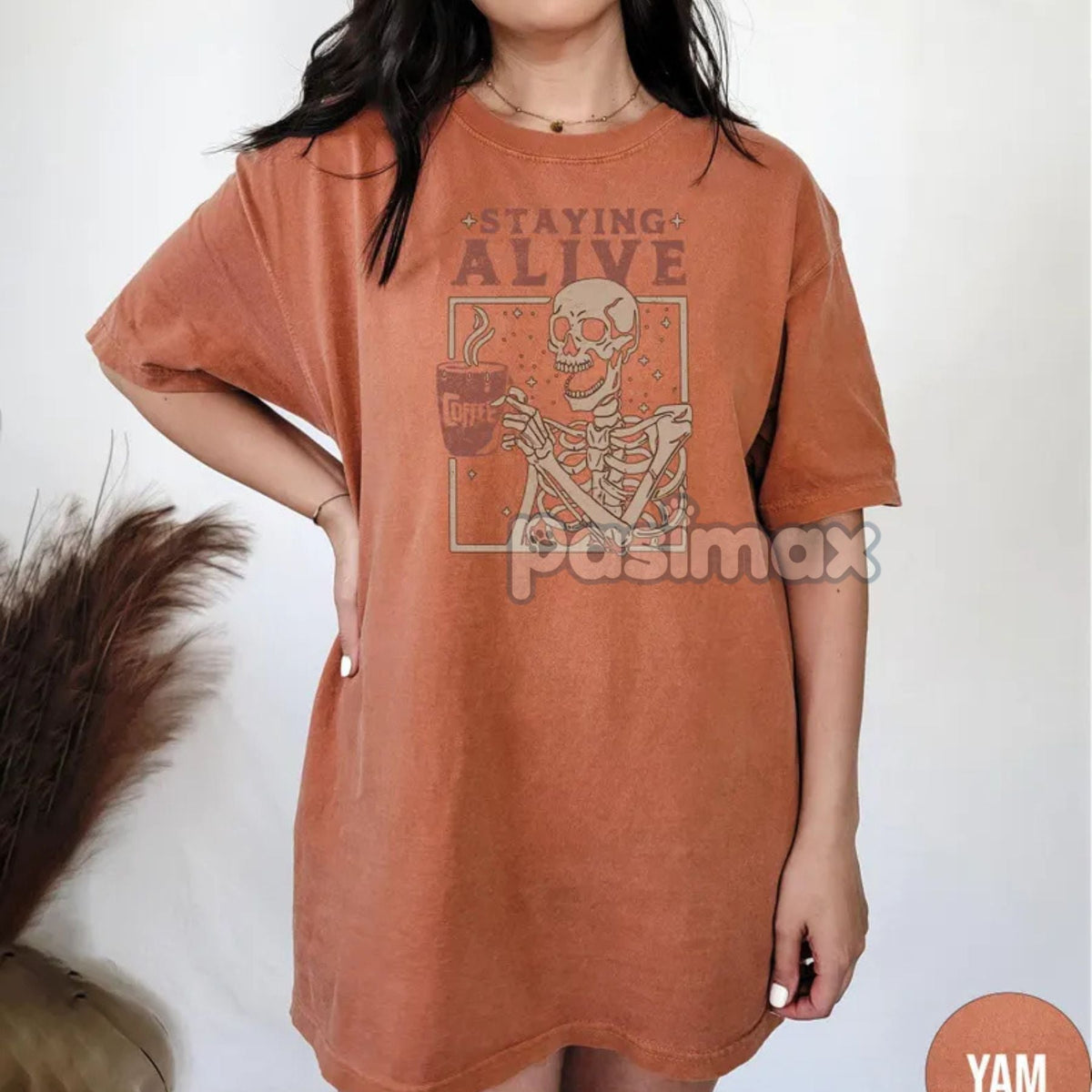 'Staying Alive' Coffee Shirt – Skeleton Retro T-shirt, Funny Coffee Lovers Gift, Daily Grind Tee, Women's Comfort Colors Apparel
