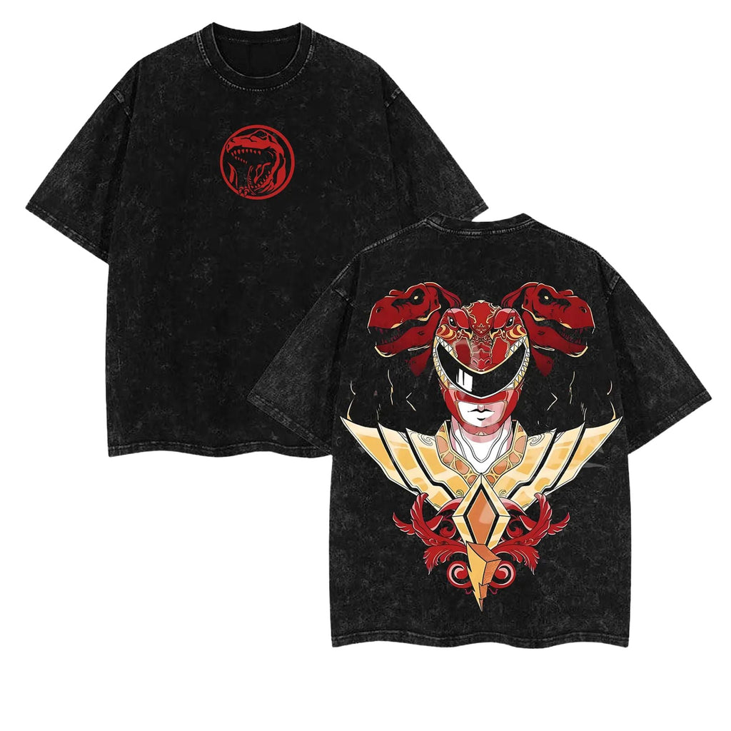 Mighty Morphin Power Rangers T-Shirt – Green, White, Red Ranger Washed Cotton Tee