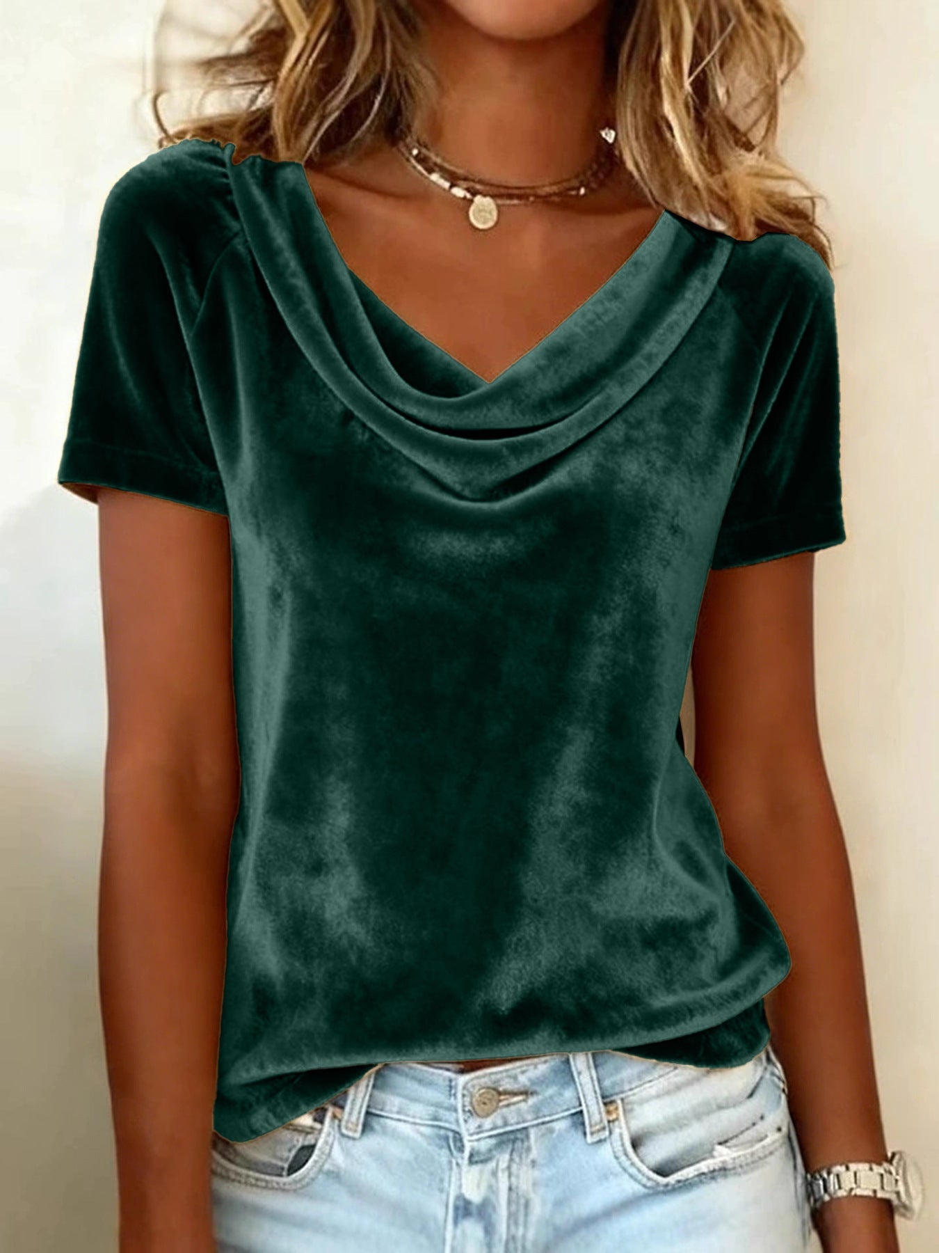 Womens New Solid-Colored Scoop-Neck Short-Sleeve Sexy Velvet T-Shirt