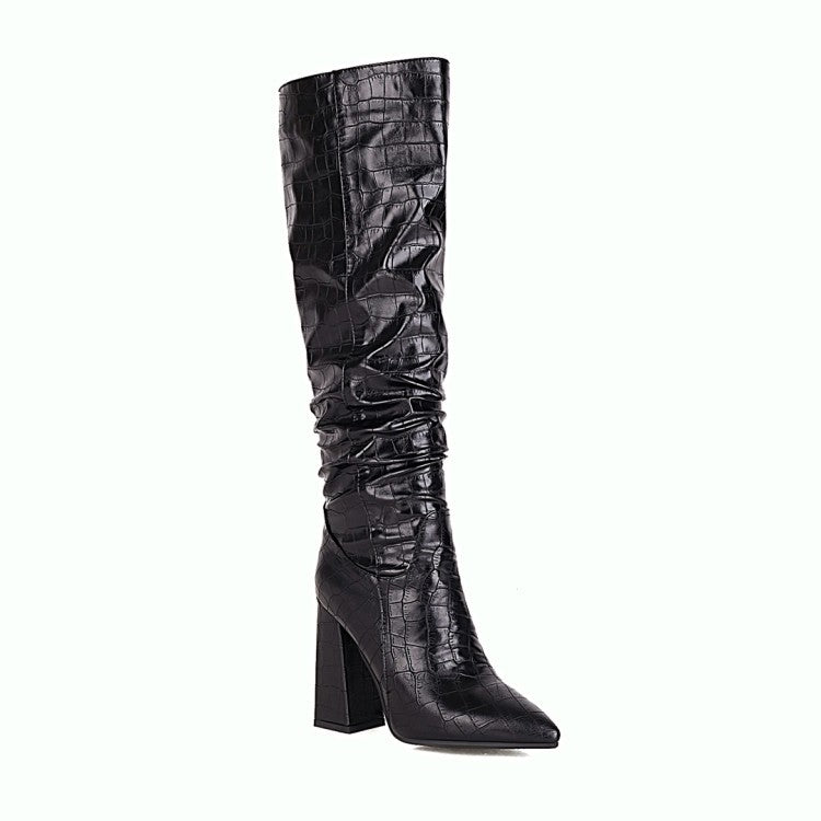 Block-heeled High-heeled High Boots With Embossed Leather Pointed Toe